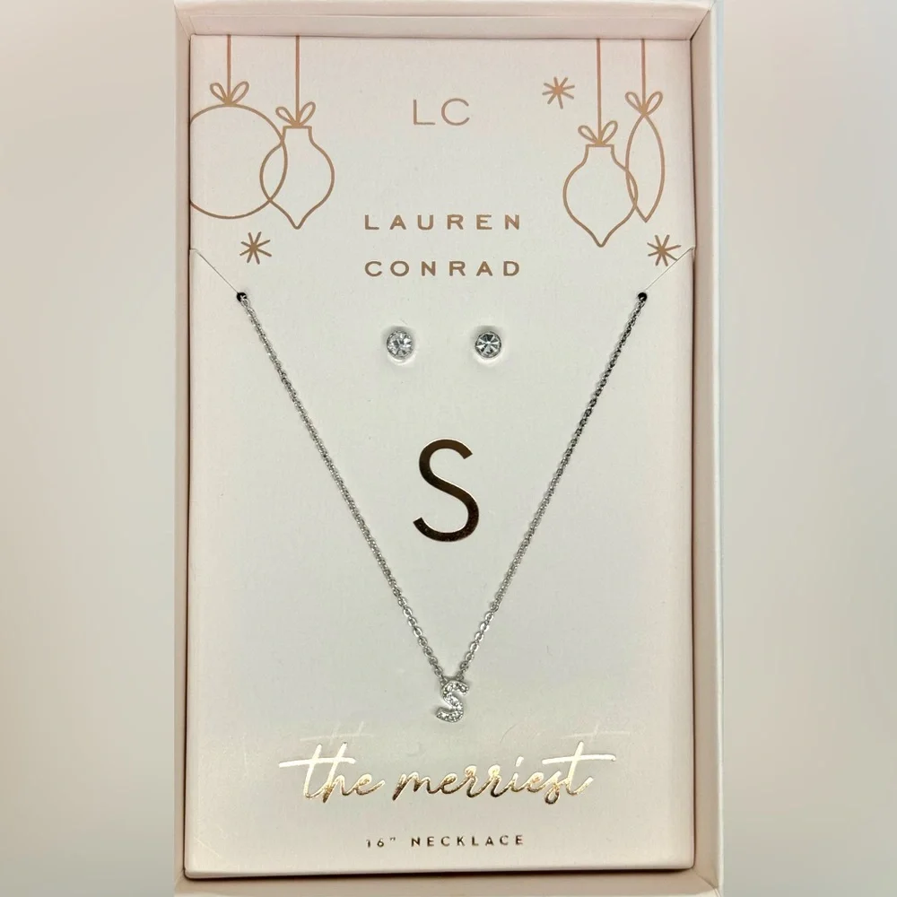 Box Set Silver Tone Crystal Initial “S” Pendant Necklace and Studs - Picture 1 of 5